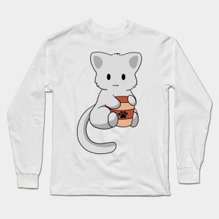 Grey Cat with Coffee Long Sleeve T-Shirt